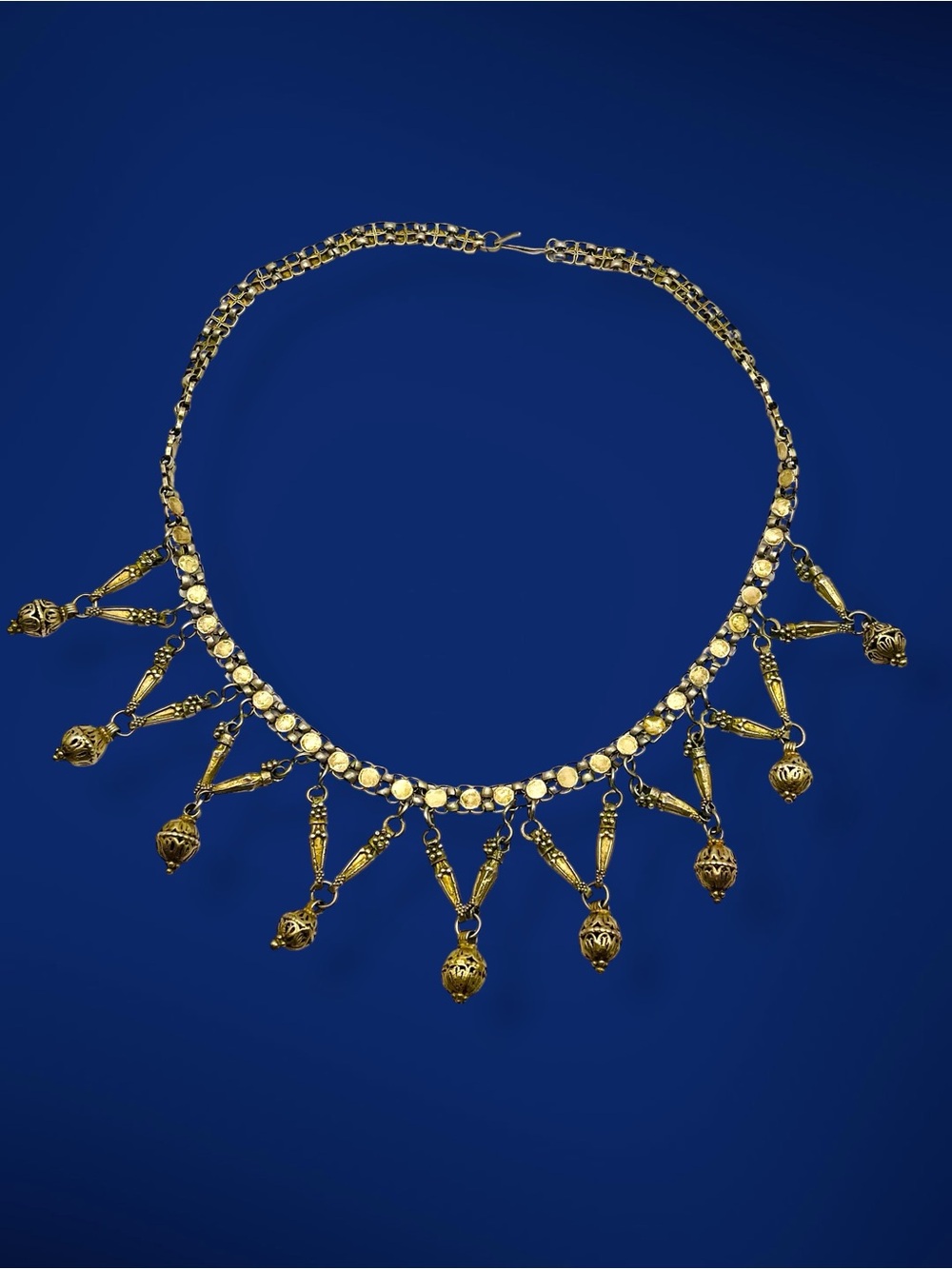 Vintage Ethnic Brass Festoon Bib Necklace Dangle Fringe Drop Statement - Picture 2 of 15